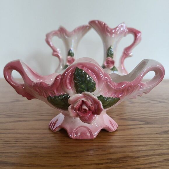 Three Piece Iridescent Lusterware Pink Bud Vase Set 3-D Capodimonte Flowers - Picture 2 of 15